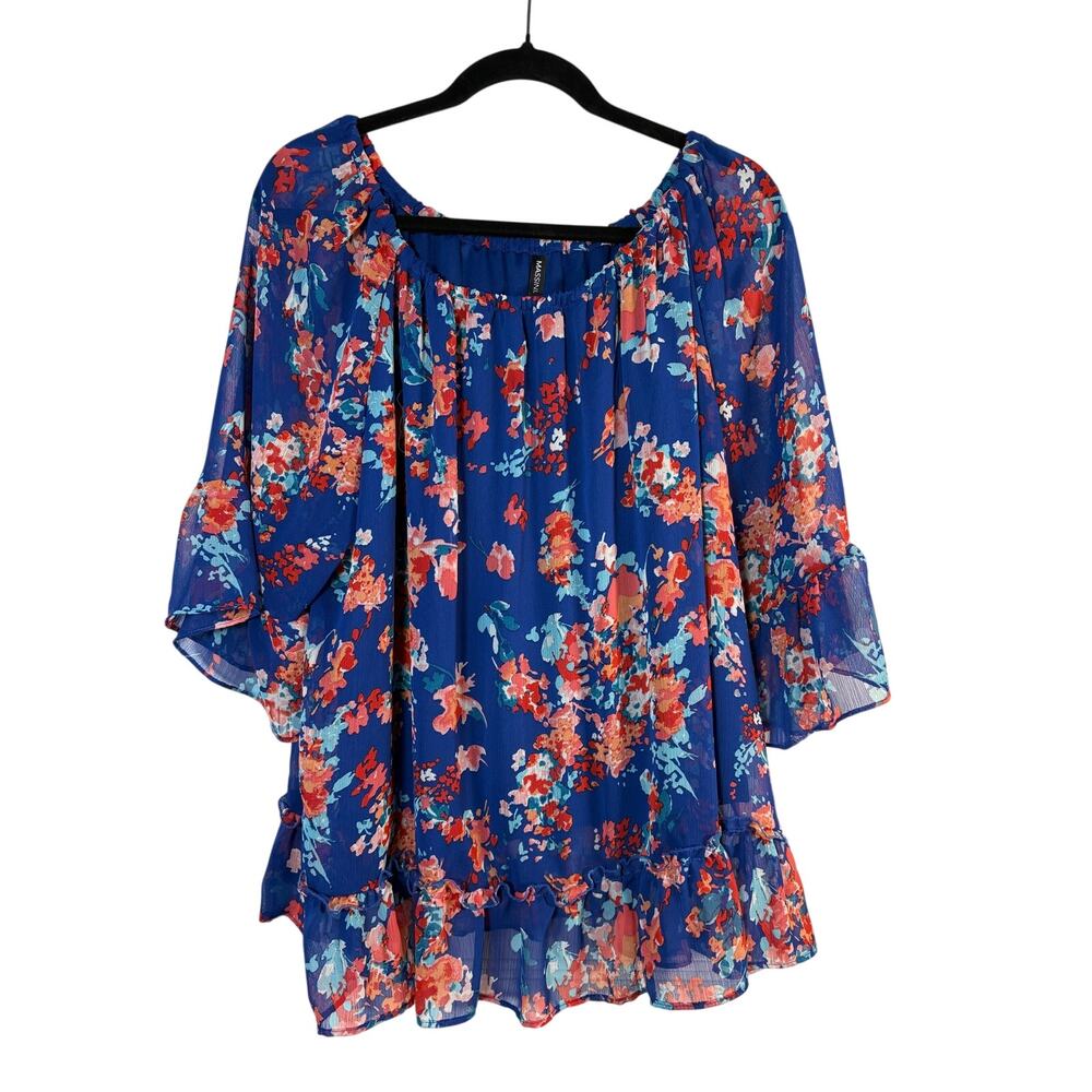 Massini Floral Chiffon Blouse Blue Coral Boho Ruffle Peasant Top Plus Size 2X